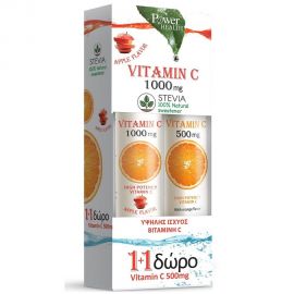 Power Health 1+1 Vitamin C Apple Flavor με ΣΤΕΒΙΑ 1000mg 24 Αναβρ.Δισκία & ΔΩΡΟ Vitamin C 500mg