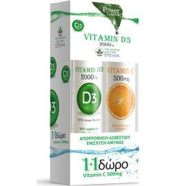 Power of Nature Βιταμίνη D3 2000iu με Στέβια (20 Αναβρ. Δισκία) & Vitamin C 500mg Πορτοκάλι